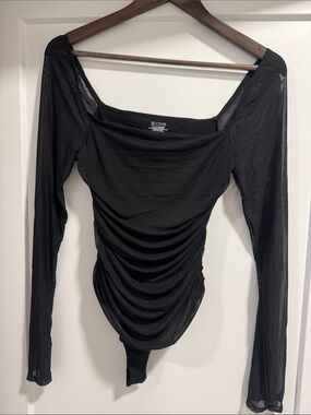 NWT Ruched Off-Shoulder Black Mesh Bodysuit